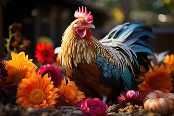 Fotobehang Colorful chicken walks in lush garden., generative IA © JONATAS
