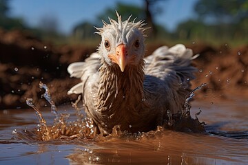 Naklejka premium Chicken cools in the mud under the heat., generative IA