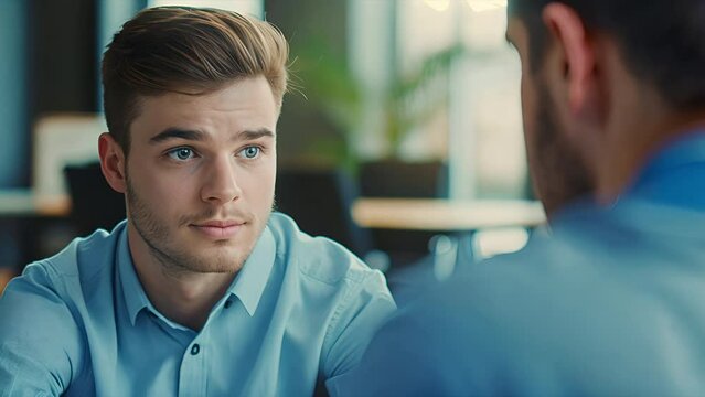 Young handsome confident Caucasian man at a job interview for a tech company