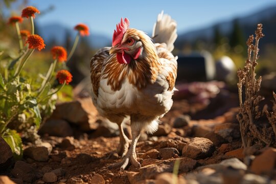 Brown chicken scratching in search of food under the sun., generative IA