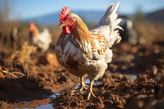 Brown chicken scratching in search of food under the sun., generative IA