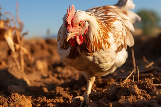 Brown chicken scratching in search of food under the sun., generative IA