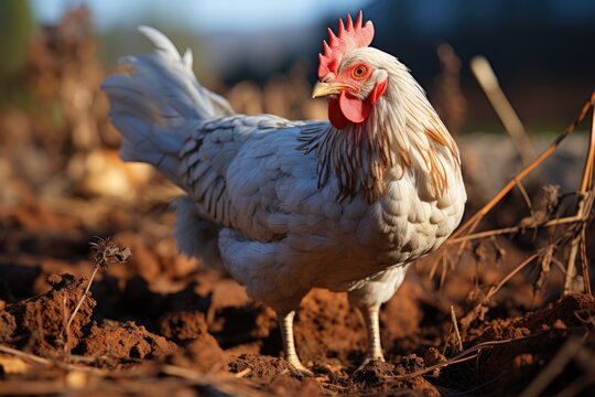 Brown chicken scratching in search of food under the sun., generative IA