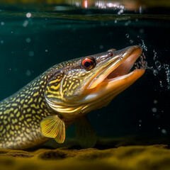 Pike is hunting, a predatory fish jumps out of the water for prey with its mouth open, close-up