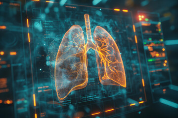 Futuristic medical research, lung health care with diagnosis, asthma, diseases and respiratory cancer.