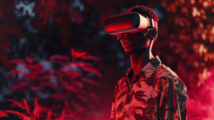 A figure immersed in virtual reality amongst the vivid red hues of a digital forest rendering, exploring the blend of technology and nature - 750891909
