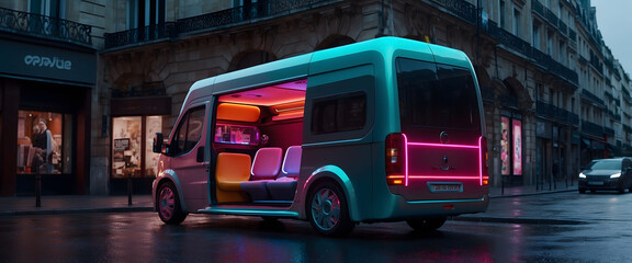 Futuristic Generic electric van concept design with colorful ambiance in Paris high street on black...