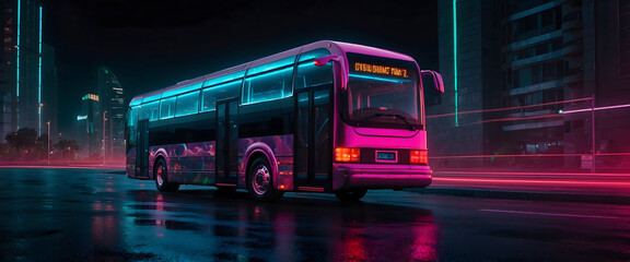 Futuristic Generic bus concept design with colorful neon ambiance on black background as a wide banner with copyspace area.