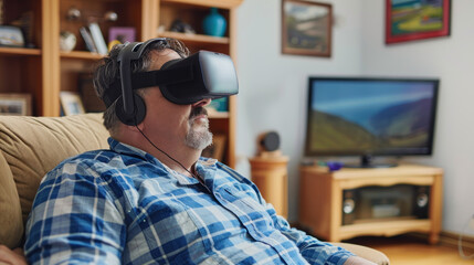 Fototapeta premium Relaxed man in a checkered shirt is using a VR headset sitting on a comfortable sofa in a cozy living room