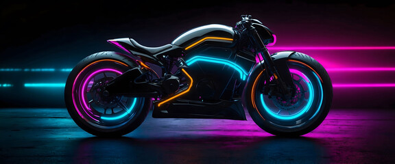 Futuristic Generic bike concept design with colorful neon ambiance on black background as a wide banner with copyspace area