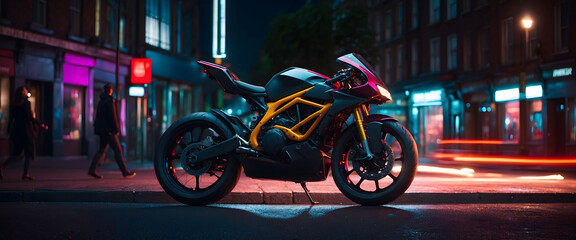 Futuristic Generic bike concept design with colorful ambiance in London high street on black background as a wide banner with copyspace area - obrazy, fototapety, plakaty