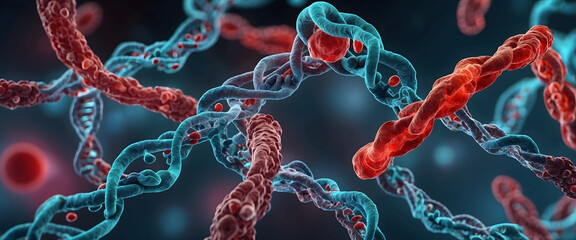 Medical pharmaceutical research background with blood cells and virus cure using DNA genome sequencing biotechnology as wide banner hologram.