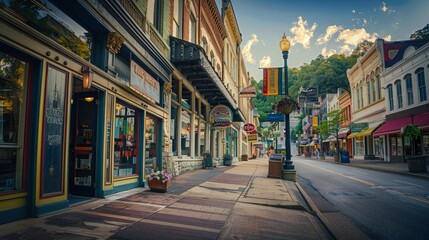Wander through the charming streets of Hot Springs, Arkansas, USA, where historic buildings line the sidewalks, adorned with vibrant storefronts and colorful banners fluttering in the breeze