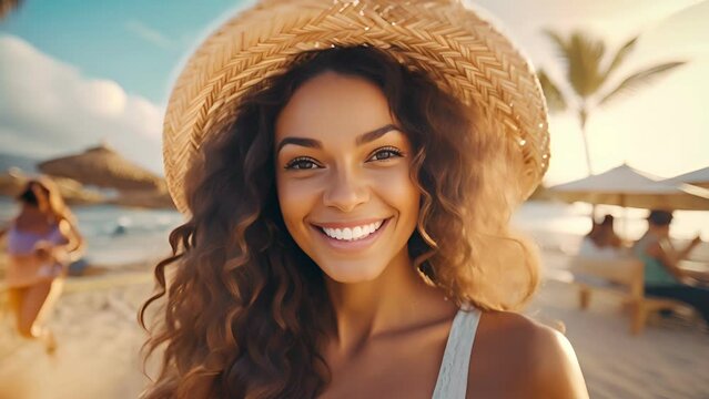 good looking female tourist. Enjoy free time outdoors near the sea on the beach. Looking at the camera while relaxing on a clear day Poses for travel selfies smiling happy tropical.
