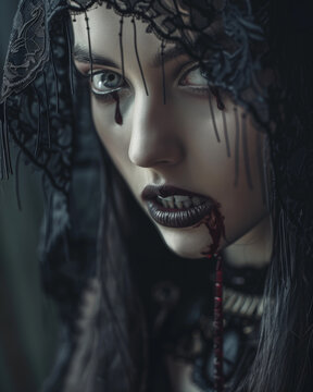 beautiful portrait of a vampire woman, photo in gothic style