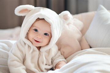 Portrait of funny newborn baby in white Easter bunny costume with pink ears. Happy Easter concept. Funny cute baby smiling happily sitting on the bed. Baby in Easter bunny costume. Easter vacation