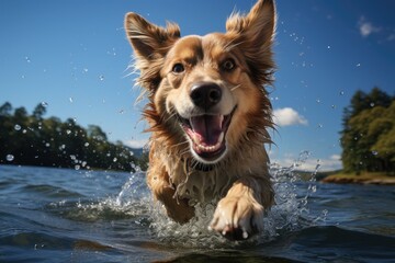 Dog jumping happily in a lake., generative IA - obrazy, fototapety, plakaty