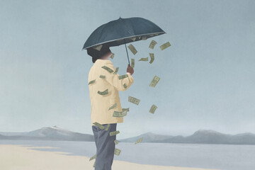 illustration of money falling from inside an umbrella, abstract surreal concept - 750892395
