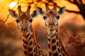 Rolgordijnen Giraffes giraffes in the savannah at sunset., generative IA © JONATAS