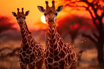 Gordijnen Giraffes giraffes in the savannah at sunset., generative IA © JONATAS