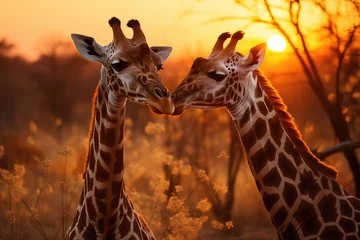 Poster Sweet giraffes hug under the African sun., generative IA © JONATAS