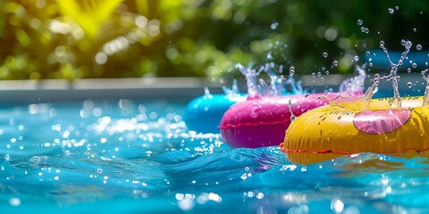 Colorful inflatable toys splash around in the pool on summer vacation day - obrazy, fototapety, plakaty