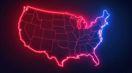 Vibrant neon outline of the United States map on a dark background, symbolizing energy and...