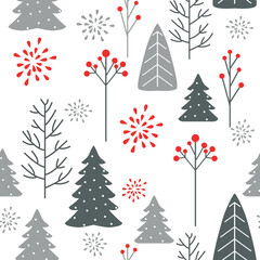 Seamless Christmas pattern with trees, berries on white background.