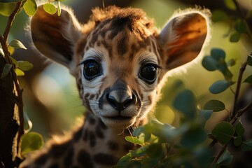 Giraffe puppy stretching the neck to high leaves., generative IA - obrazy, fototapety, plakaty