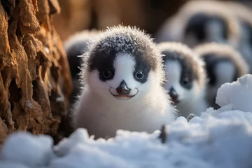 Gordijnen Penguins babies sliding in the snow from Antarctica., generative IA © JONATAS