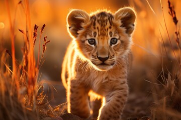 Obraz premium Lion puppy playing with mother in sunny savannah., generative IA