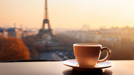A cup of coffee against the background of the Eiffel Tower, the background is clear