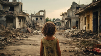 Fototapeta premium a little girl stands with her back against the background of a war-torn house