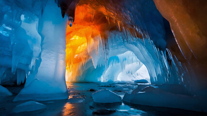 a colorful ice cave with light shining through the end. The ice appears to be melting. ai generative