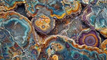 Psychedelic Geode Pattern: A close-up of a geode with a captivating, intricate, and colorful pattern. - obrazy, fototapety, plakaty