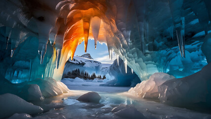 a colorful ice cave with light shining through the end. The ice appears to be melting. ai generative