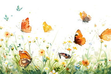 Obraz na płótnie Canvas Watercolor Meadow with Butterflies: Artistic Spring Nature Scene - Isolated on White Transparent Background