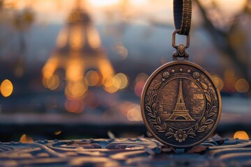 Olympic Medal, representing the Paris games, with a backdrop of the Eiffel Tower, Paris.