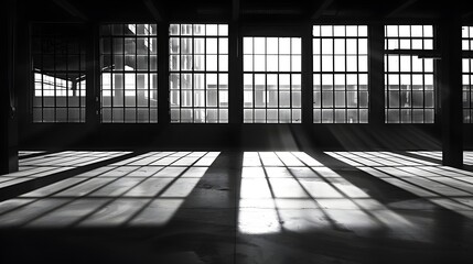 Monochrome Industrial Space with Bold Shadow Patterns - Generative AI