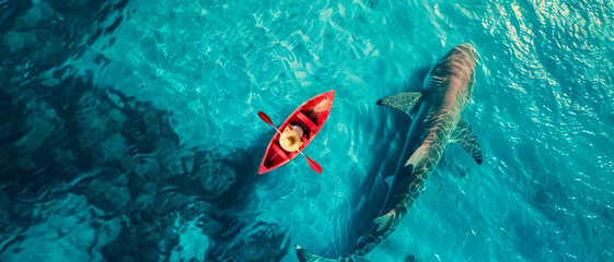 large shark in lagoon with woman in red boat