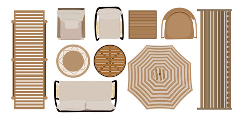 Top view of furniture icons for interior and landscape design plan. Sunbed, armchairs, table, terrace, patio, garden, porch zone. Vector realistic illustration isolated on transparent background.  - obrazy, fototapety, plakaty