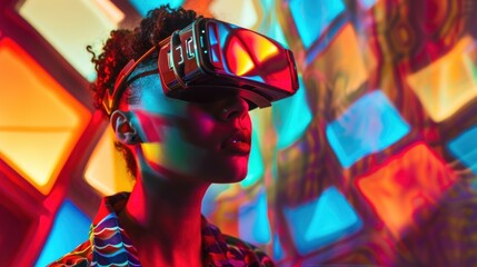 An individual captivated by virtual reality technology, dressed in colorful attire against a kaleidoscopic backdrop
