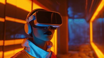 A person immerses in a virtual reality experience with colorful neon lighting enhancing the futuristic concept