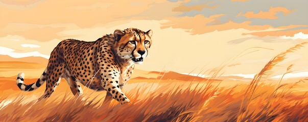 Cheetah prowling on savanna digitally depicted in captivating artwork. Concept Wildlife Art, Cheetah Illustration, Savanna Scene, Digital Painting, Captivating Artwork