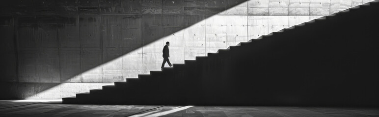 Silhouette of a man walking up the stairs in the dark
