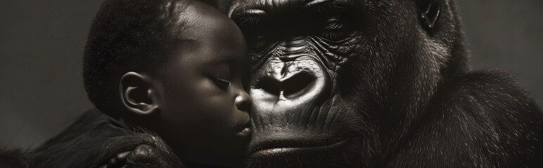 Close-up portrait of a baby kissing a gorilla on black background
 - obrazy, fototapety, plakaty