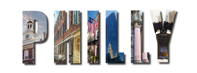 Banner Philly text collage of Philadelphia images from around the historic US city including the...