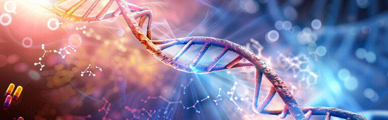 Biochemistry background concept with high tech DNA molecule.  - obrazy, fototapety, plakaty