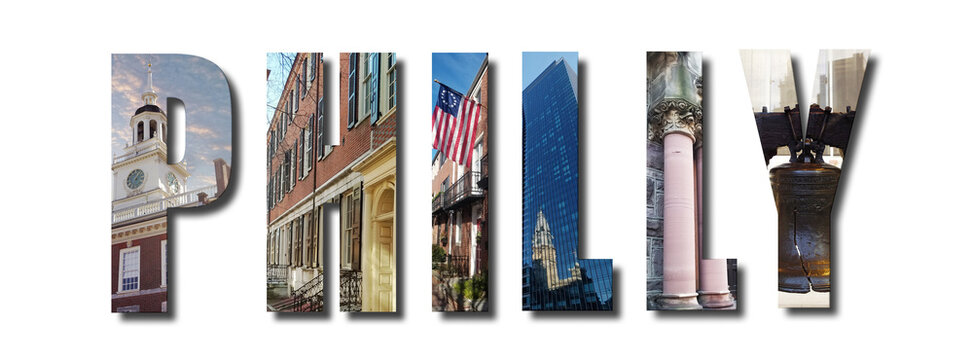 Banner Philly text collage of Philadelphia images from around the historic US city including the Liberty Bell and Independence Hall