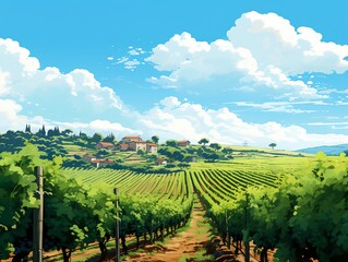 Fototapeta na wymiar Vineyard at sunny day, green vines and ripe grapes